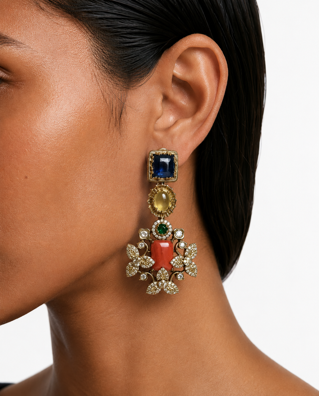 Yusra Multicolor Zircon & Sapphire Pendant Necklace Set ( Necklace & Earrings )