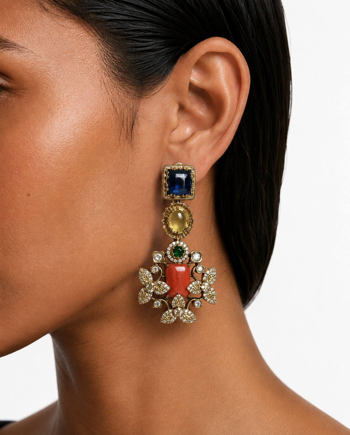 Yusra Multicolor Zircon & Sapphire Pendant Necklace Set ( Necklace & Earrings )