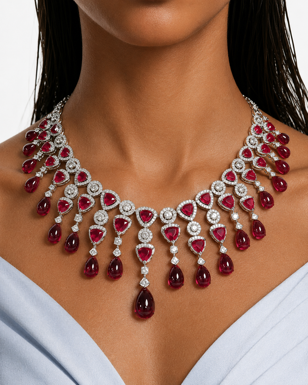 Aurora Ruby Zircon Chandelier Necklace Set – Necklace & Earrings