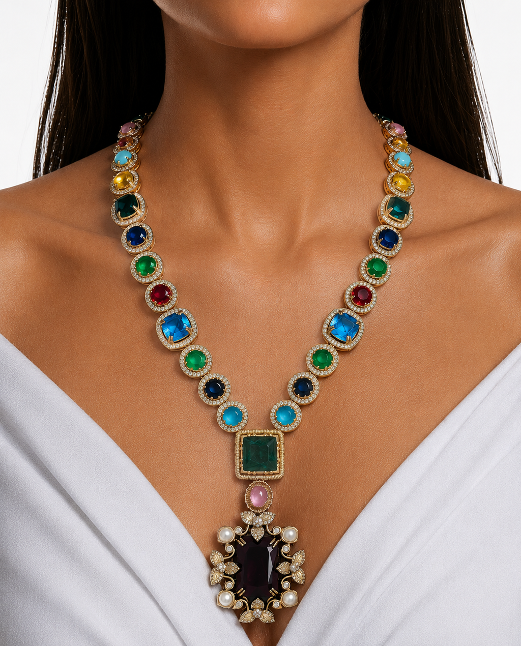 Yusra Multicolor Zircon & Sapphire Pendant Necklace Set ( Necklace & Earrings )