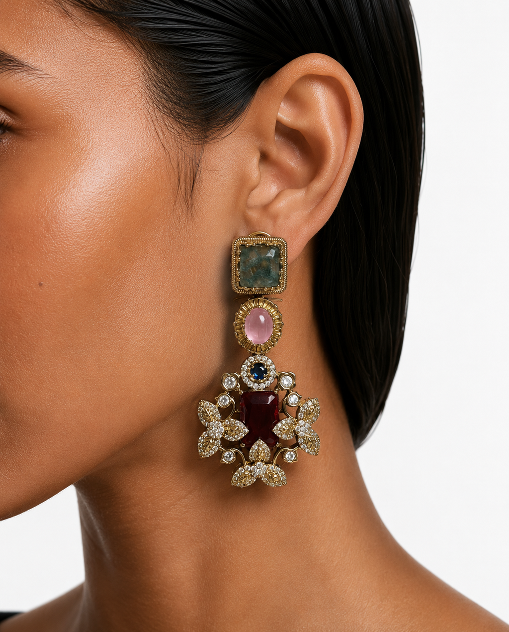 Yusra Multicolor Zircon & Ruby Pendant Necklace Set – Necklace & Earrings