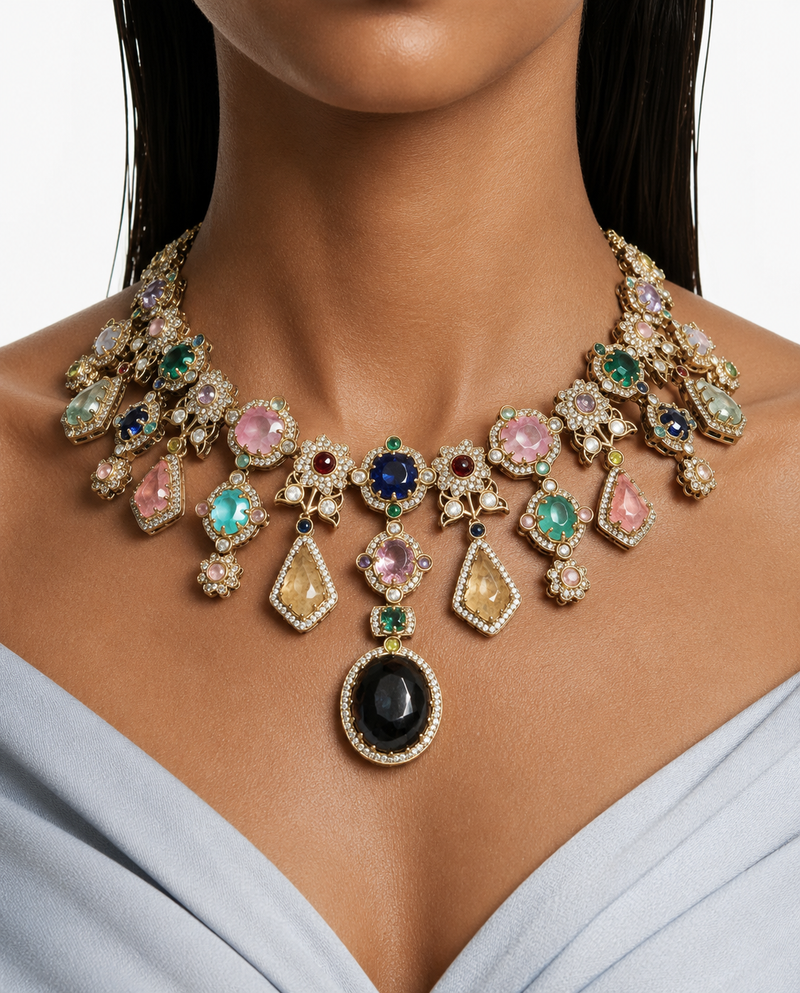 Celestia Multicolor Moissanite Polki Kundan with Zircon Diamond Detailing Statement Necklace Set