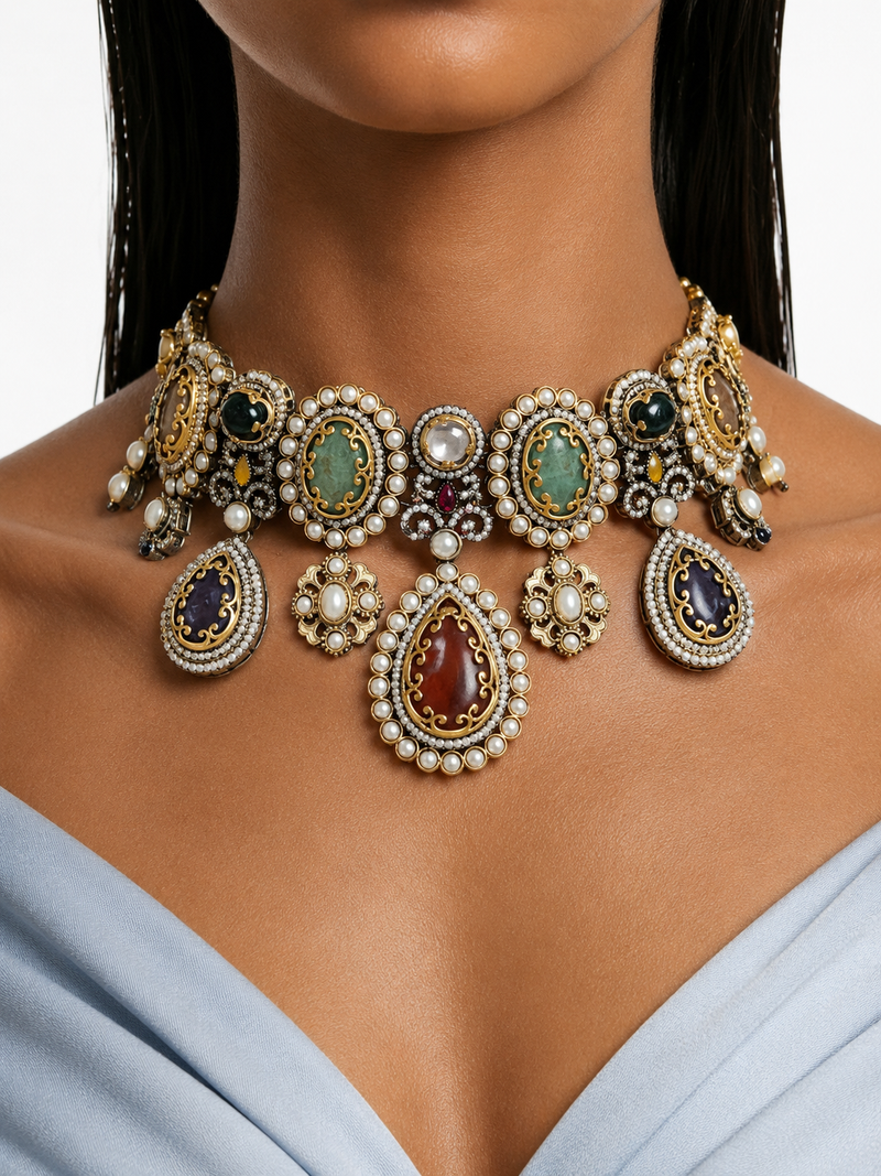 Verisse Multicolor Moissanite Polki Kundan with Zircon Diamond Detailing Luxe Necklace Set