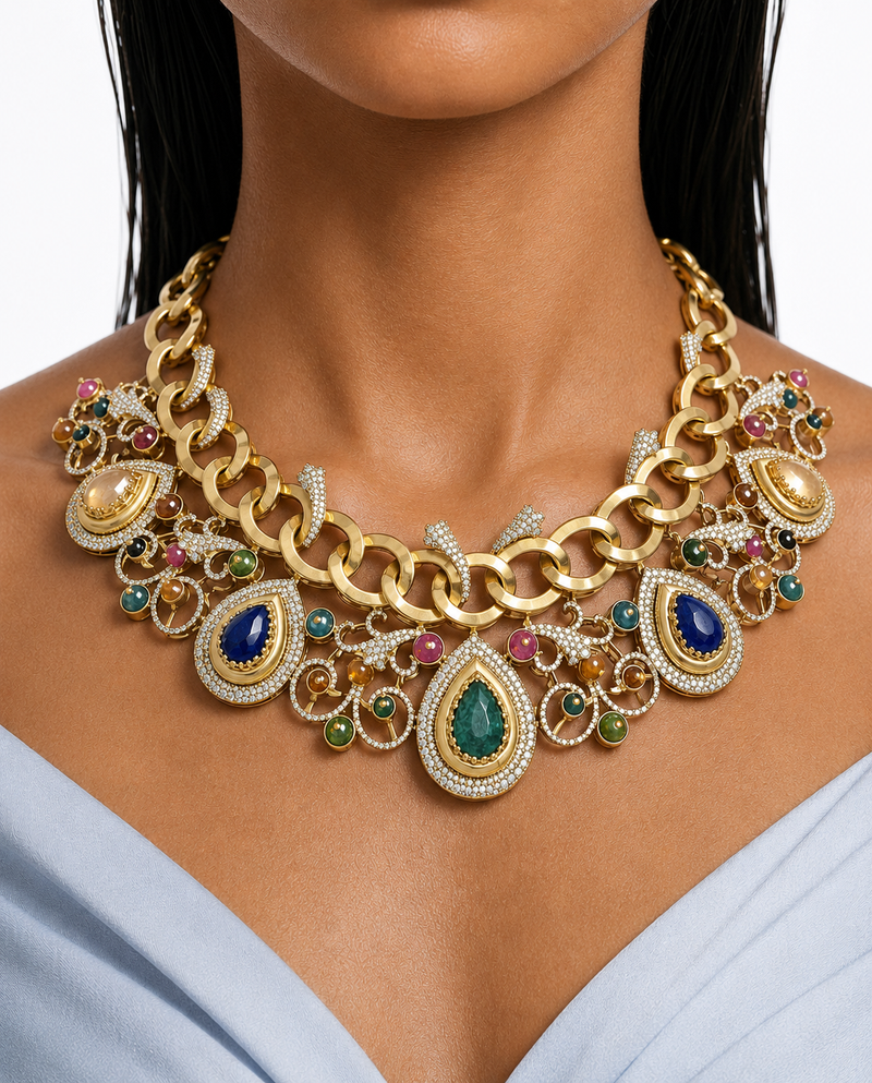 Mehrnaz Multicolor Moissanite Polki Kundan with Zircon Diamond Detailing Statement Necklace Set