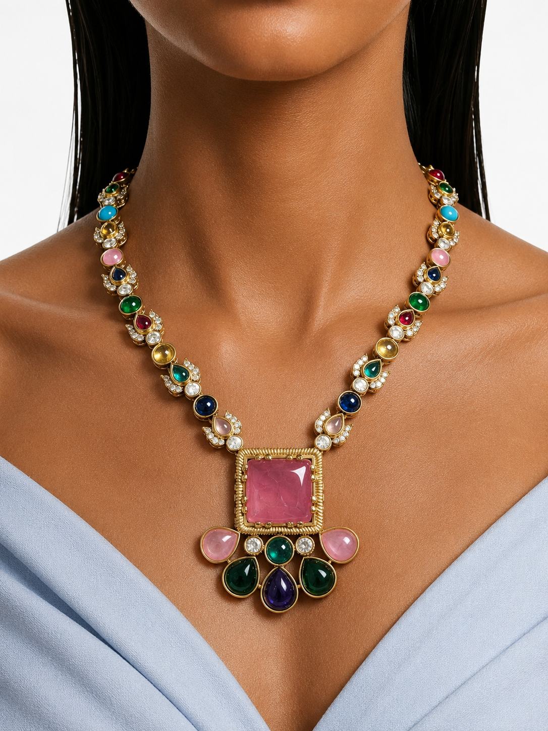 Roselle Multicolor Moissanite Polki Kundan with Zircon Diamond Detailing Pendant Necklace Set
