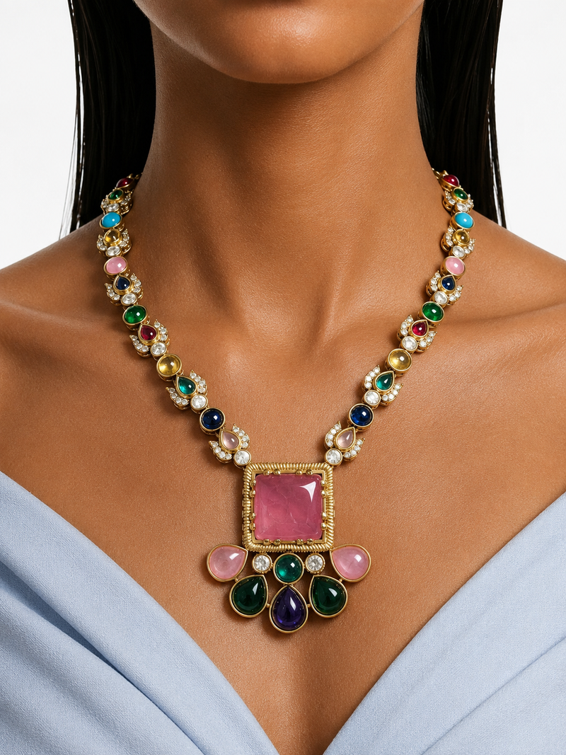 Roselle Multicolor Moissanite Polki Kundan with Zircon Diamond Detailing Pendant Necklace Set