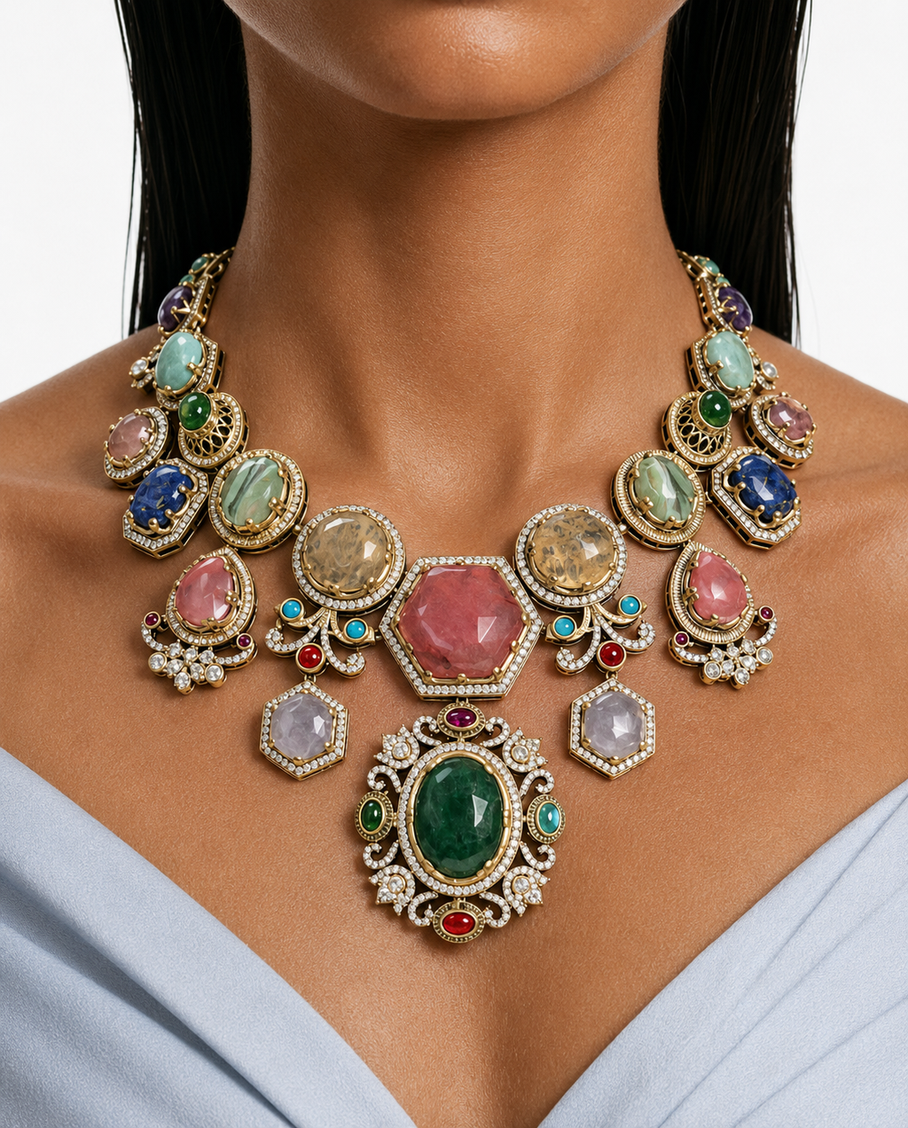 Alizhe Multicolor Moissanite Polki Kundan with Zircon Diamond Detailing Luxe Necklace Set