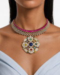 Rubelisse Ruby Moissanite Polki Kundan with Zircon Diamond Detailing Multicolor Pendant Necklace Set