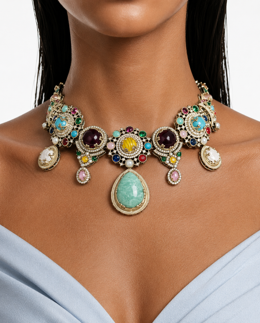 Navirelle Multicolor Moissanite Polki Kundan with Zircon Diamond Detailing Luxe Collar Necklace Set