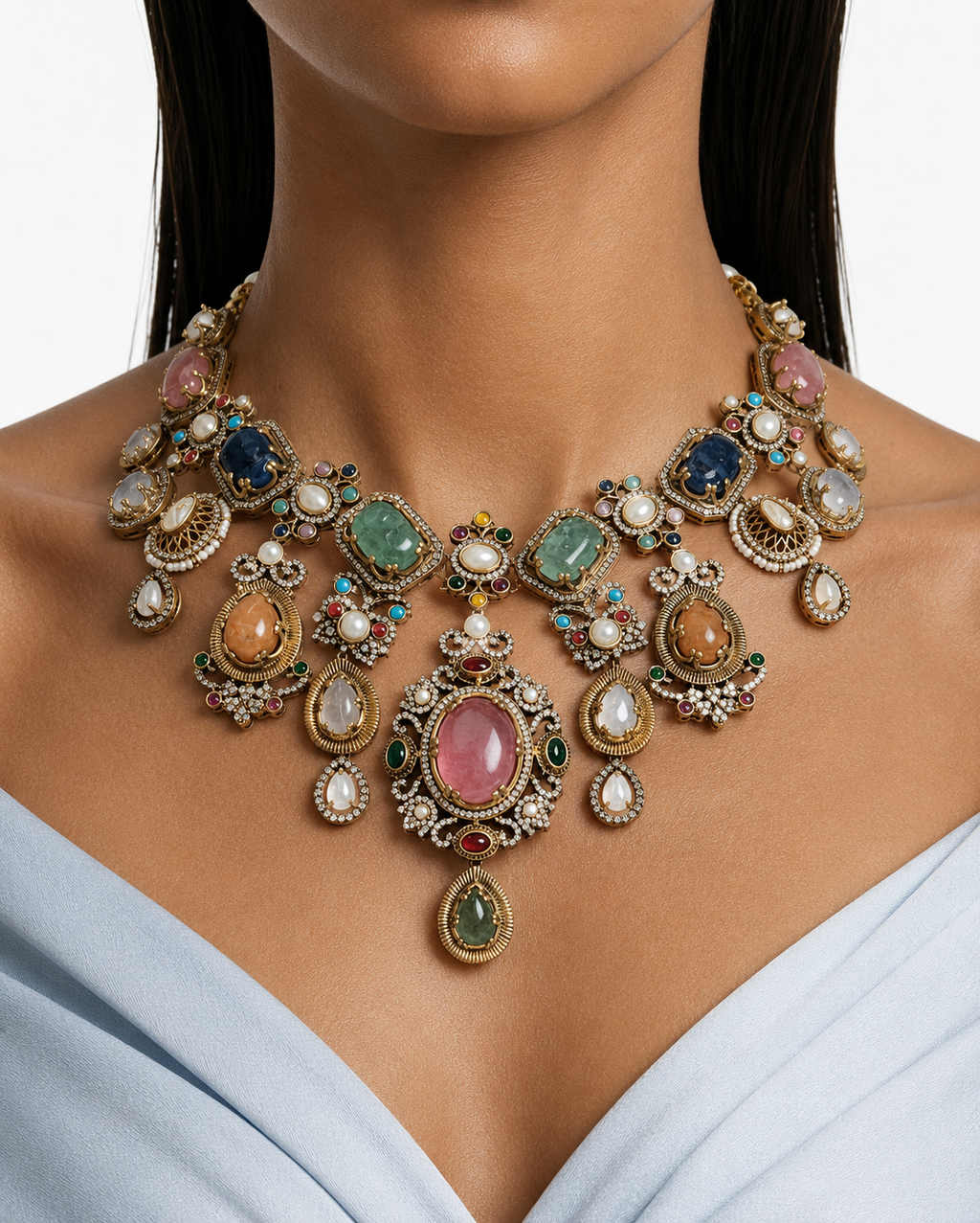 Elysara Multicolor Moissanite Polki Kundan with Zircon Diamond Detailing Luxe Necklace Set