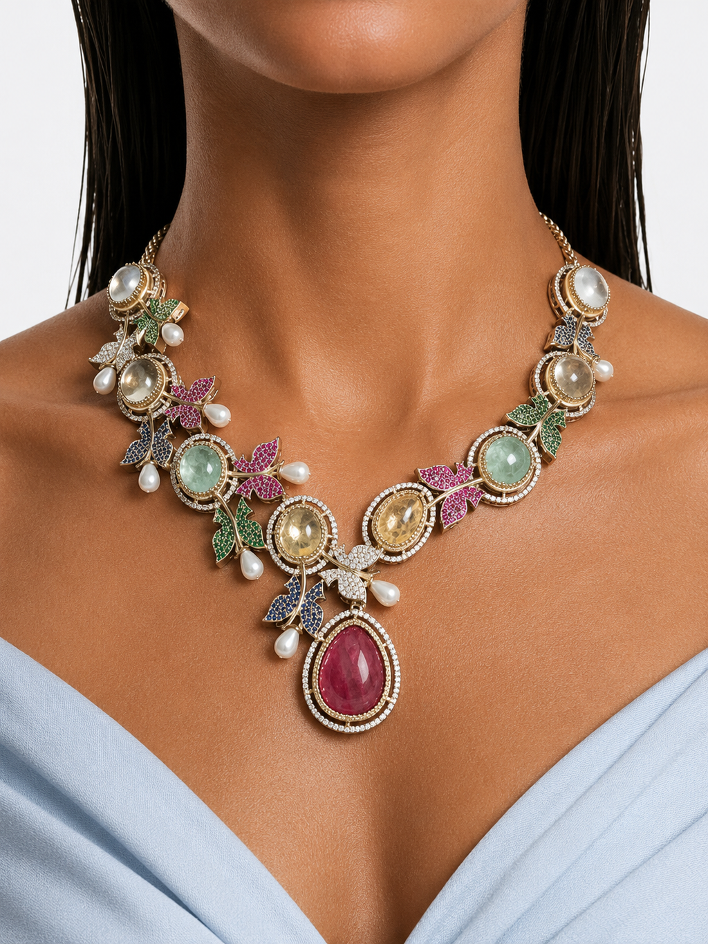 Florenza Multicolor Moissanite Polki Kundan with Zircon Diamond Detailing Floral Pendant Necklace Set