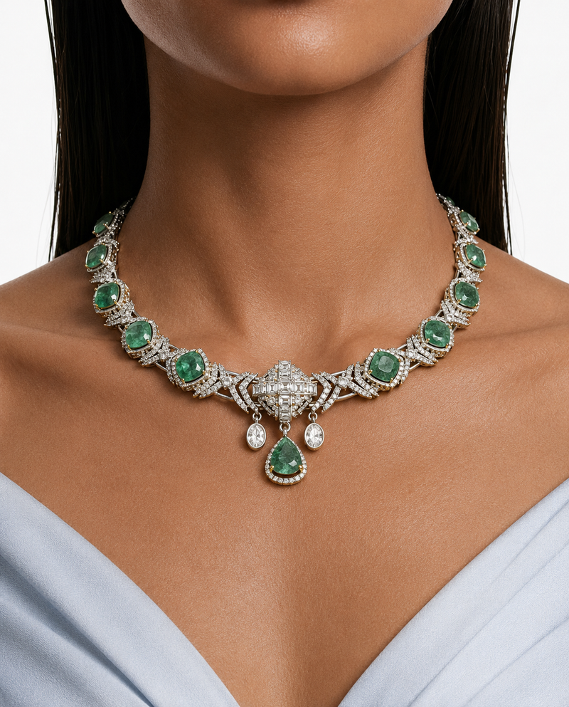 Azmira Emerald Moissanite Polki Kundan with Zircon Diamond Detailing Necklace Set