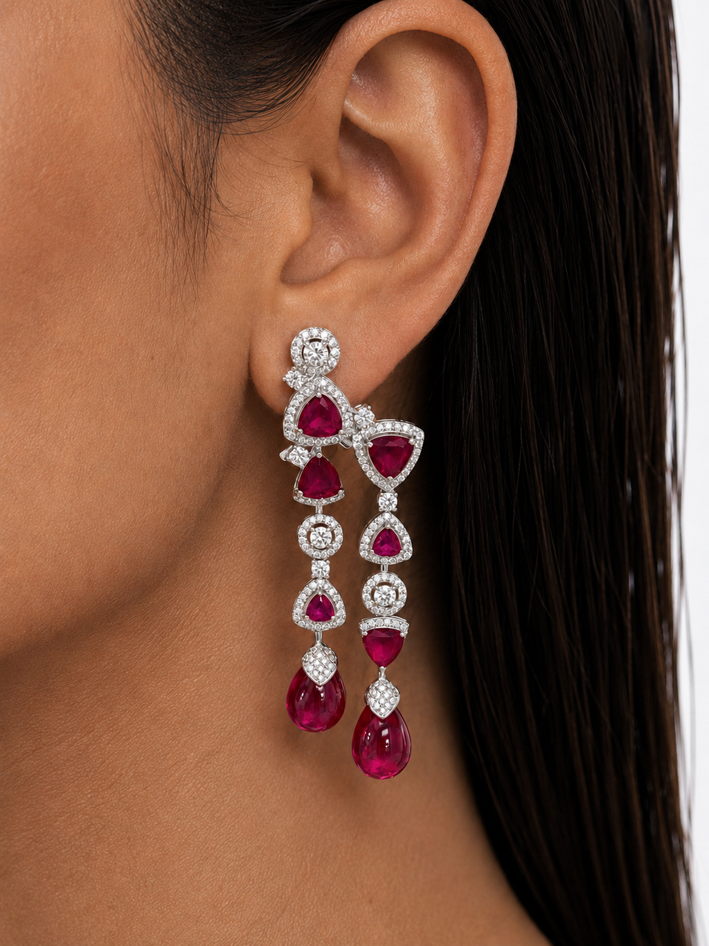Aurora Ruby Zircon Chandelier Necklace Set – Necklace & Earrings