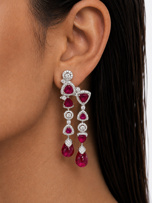 Aurora Ruby Zircon Chandelier Necklace Set – Necklace & Earrings