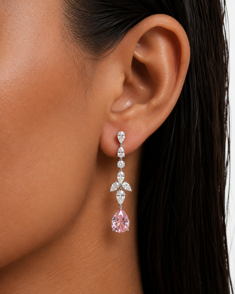 Aveline Diamond-Like Zircon Pink Drop Pendant Necklace Set – Necklace & Earrings