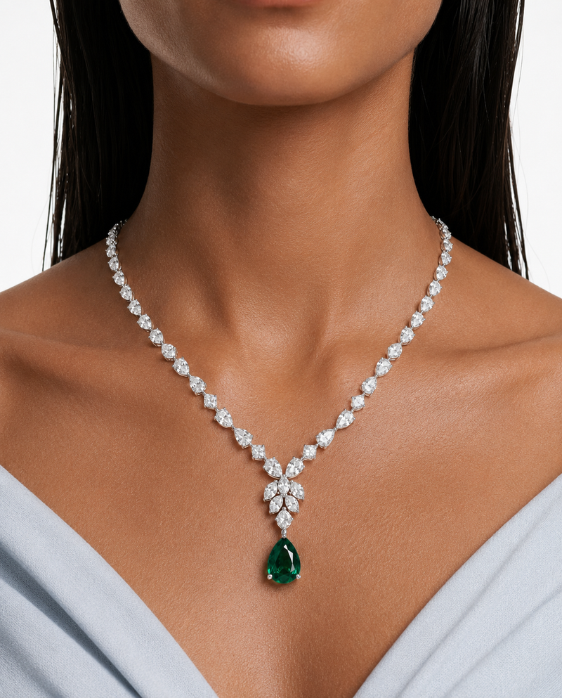 Aveline Diamond-Like Zircon Emerald Drop Pendant Necklace Set – Necklace & Earrings