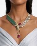 Baghira Emerald Moissanite Polki Kundan with Ruby Teardrop Statement Necklace Set – Necklace & Earrings