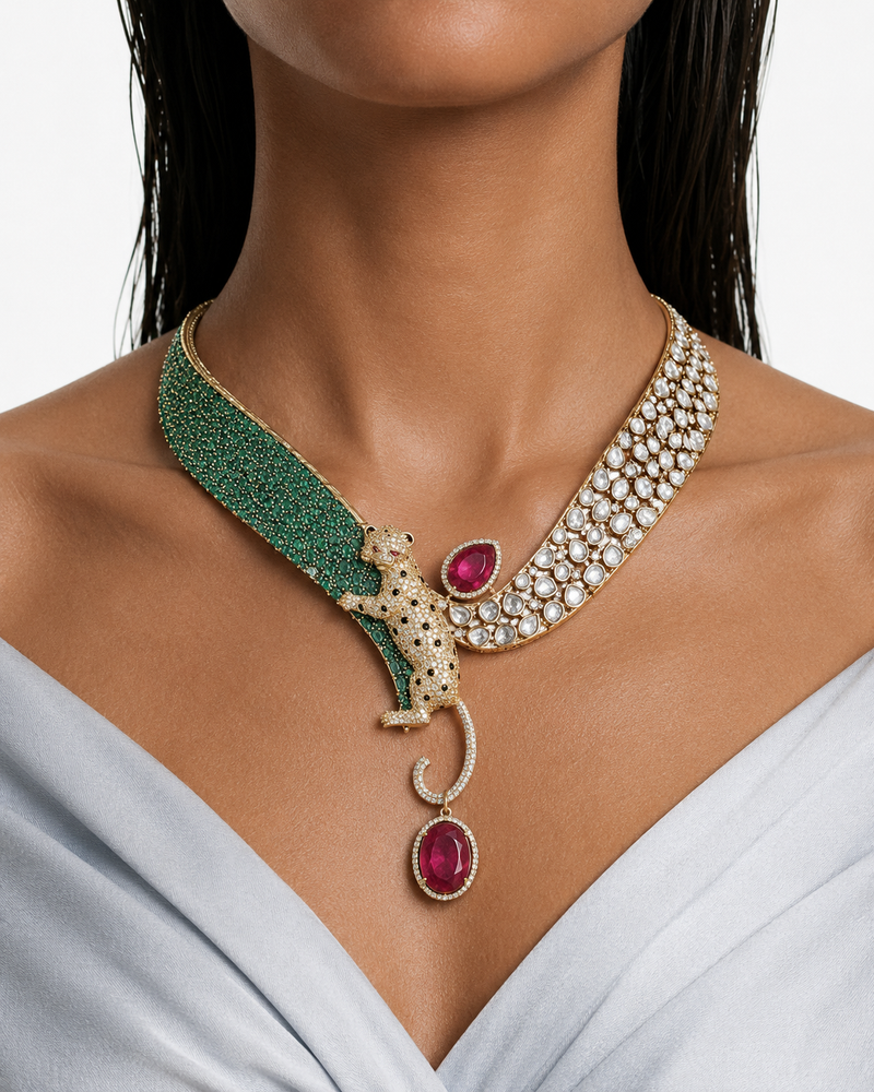 Baghira Emerald Moissanite Polki Kundan with Ruby Teardrop Statement Necklace Set – Necklace & Earrings