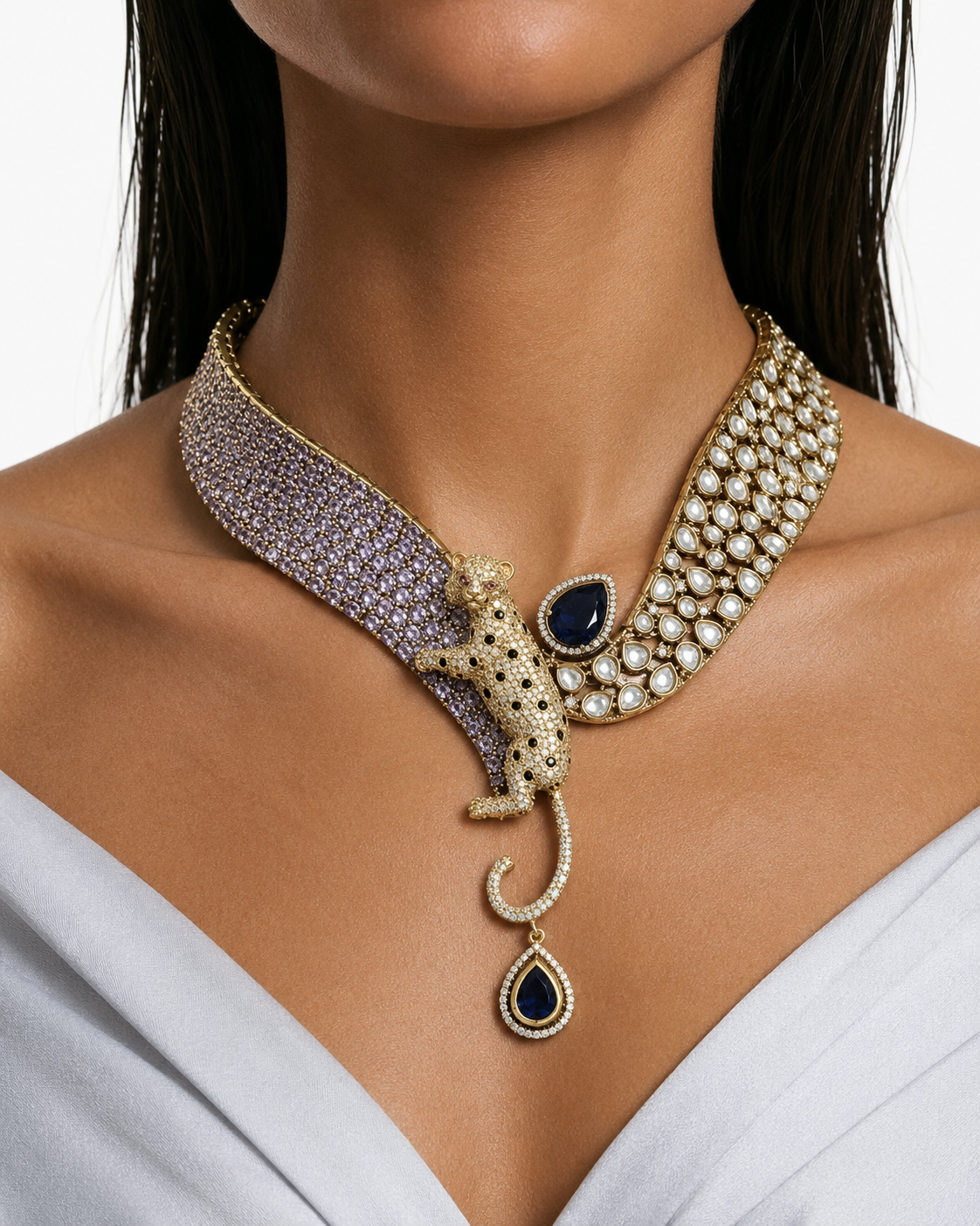 Baghira Purple Moissanite Polki Kundan with Sapphire Teardrop Statement Necklace Set – Necklace & Earrings