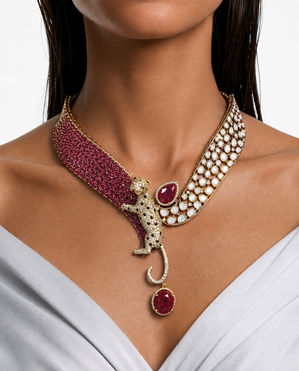 Baghira Ruby Moissanite Polki Kundan Statement Necklace Set – Necklace & Earrings
