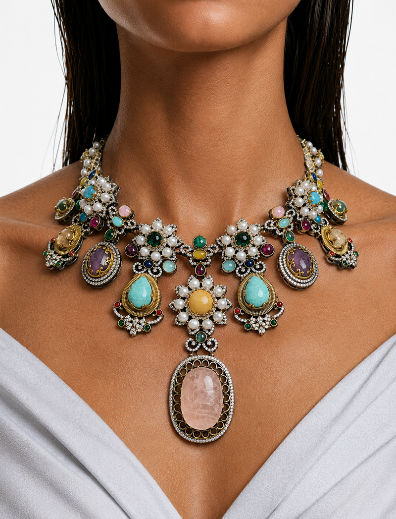 Raushi Multicolor Zircon & Pendant Necklace Set – Necklace & Earrings