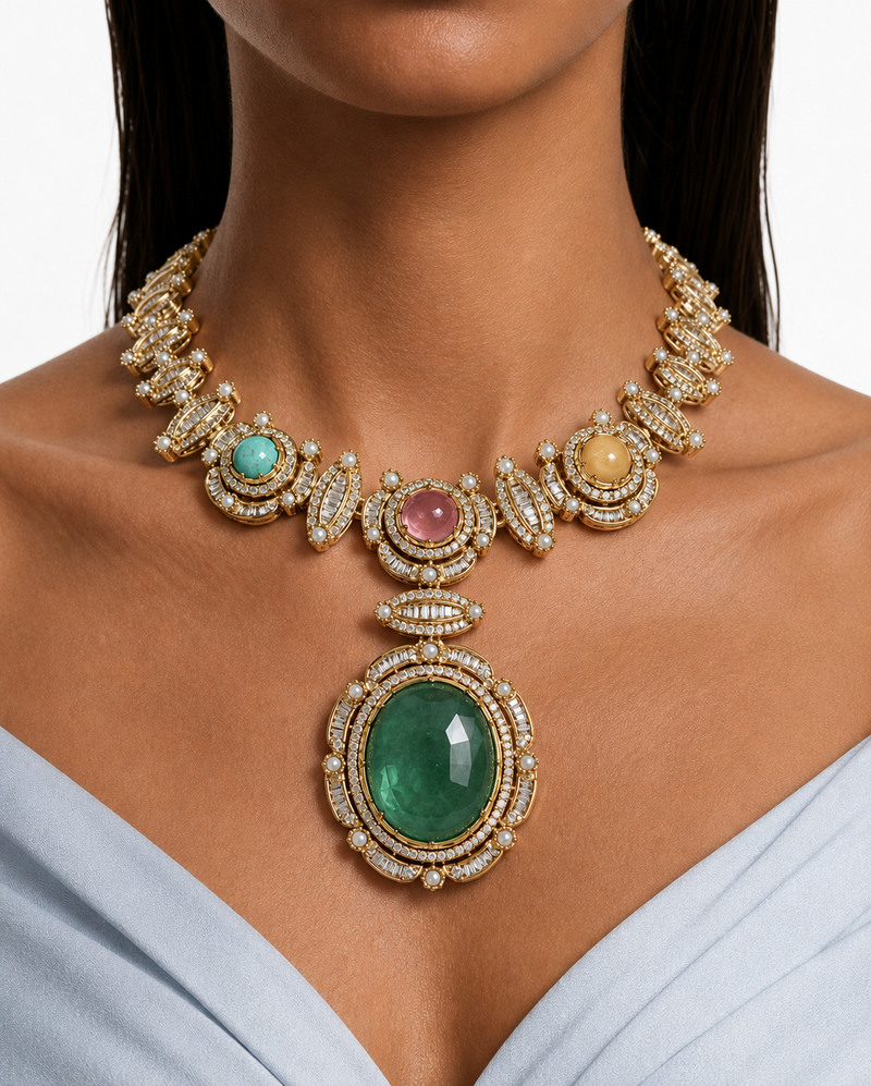 Noor-e Emerald Multi Colour & Moissanite Polki Kundan Pendant Necklace Set