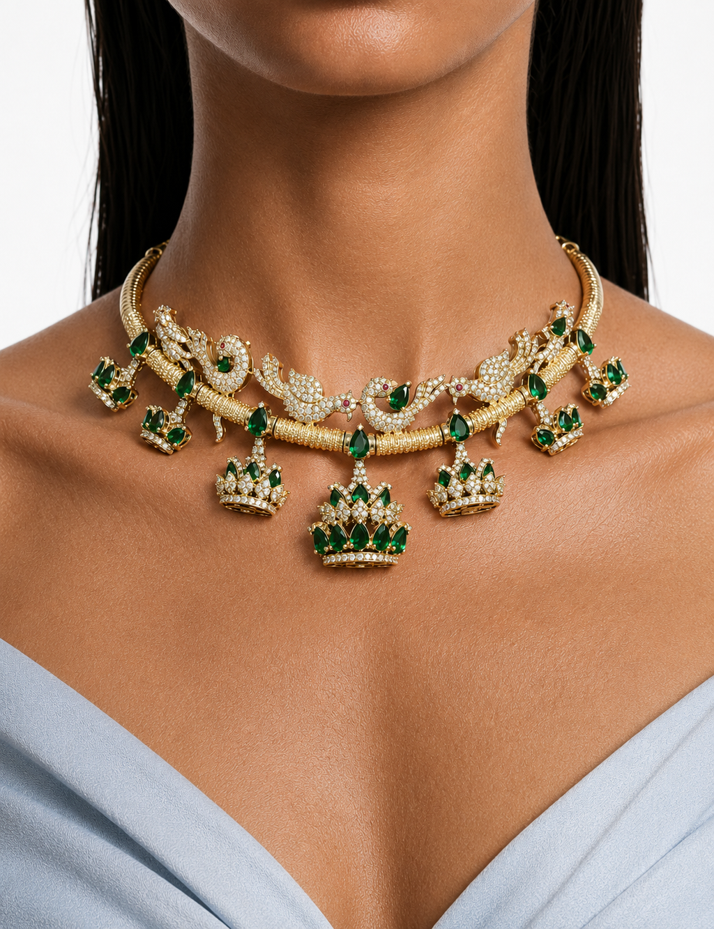 Huma Emerald Moissanite Polki Kundan Royal Necklace Set – Necklace & Earrings