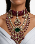 Maharani Zareeena Ruby with Emerald & Afsheen Ruby Pearl Polki Kundan with Zircon Diamond Detailing Necklace Set – 2 Necklaces & Earrings