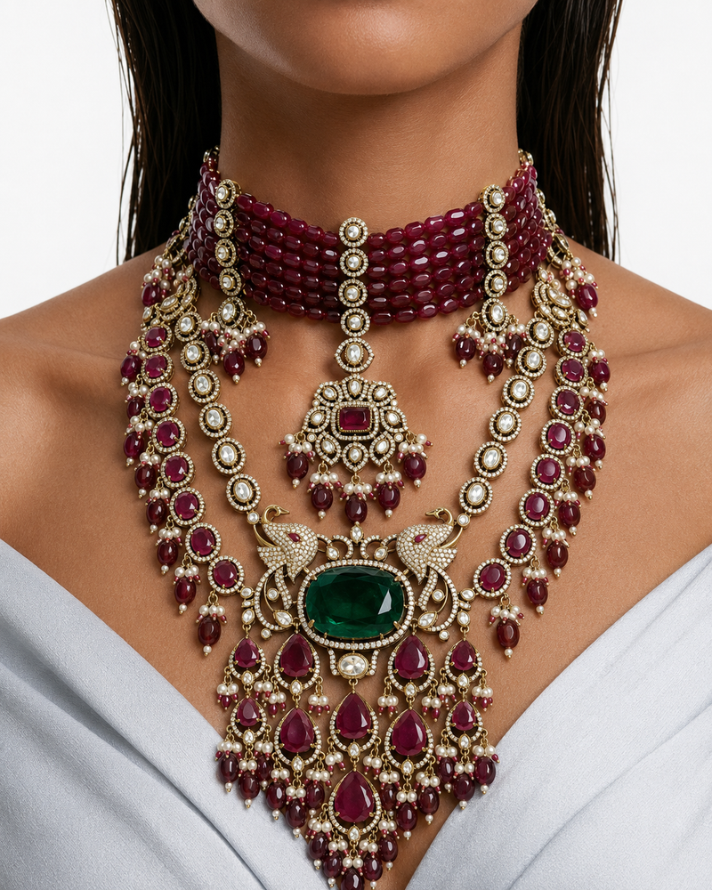 Maharani Zareeena Ruby with Emerald & Afsheen Ruby Pearl Polki Kundan with Zircon Diamond Detailing Necklace Set – 2 Necklaces & Earrings