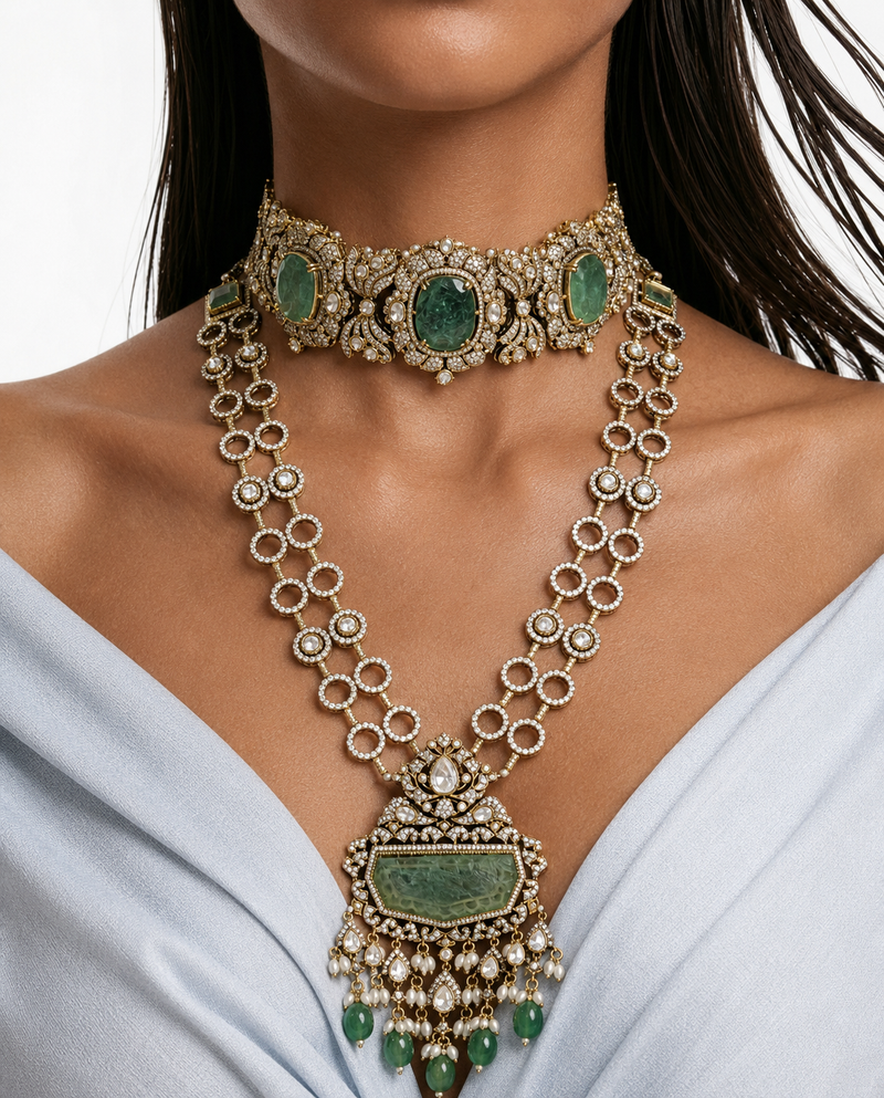 Maharani Veda & Jawaria Mint Moissanite Polki Kundan with Zircon Diamond Detailing Necklace Set – 2 Necklaces & Earrings