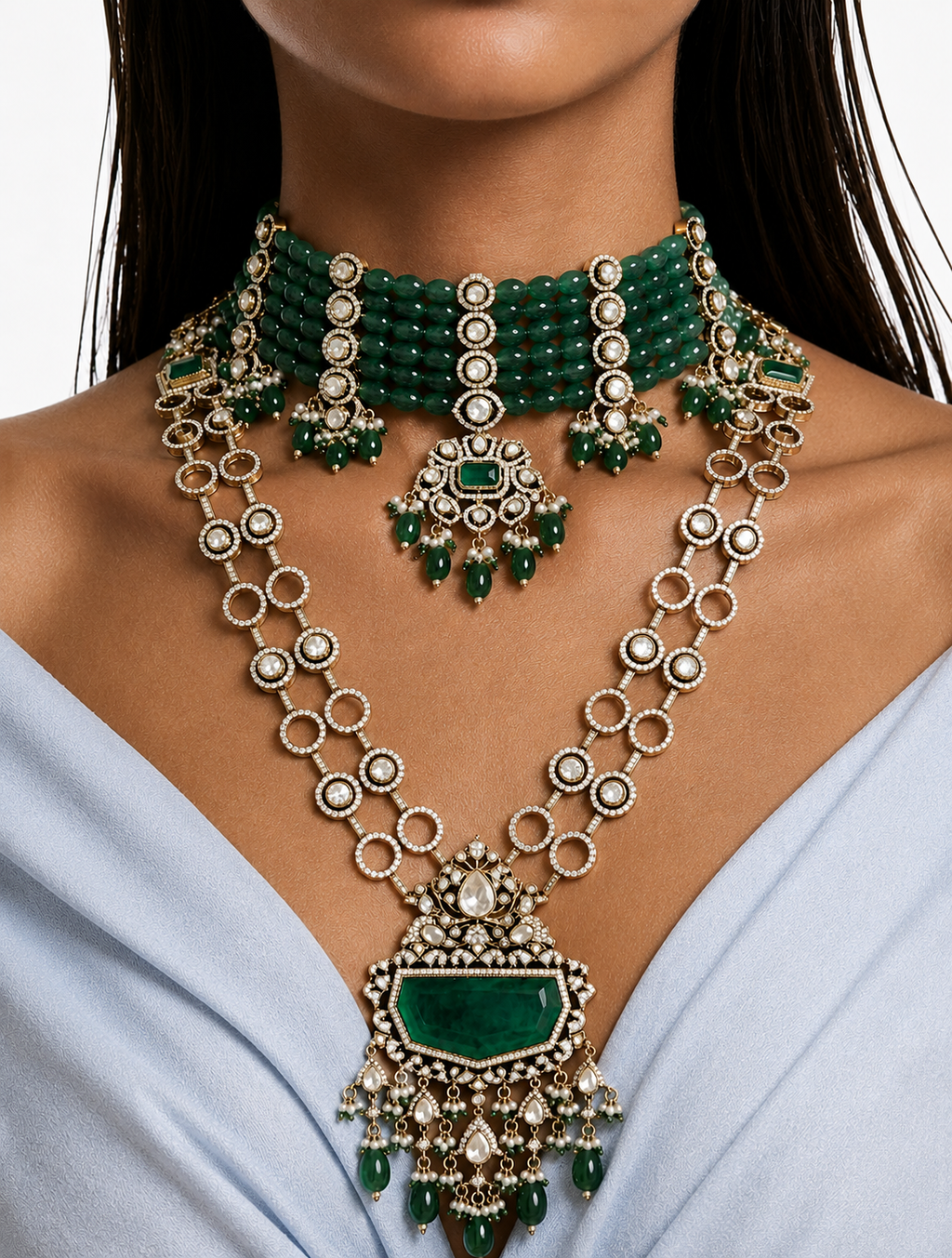 Maharani Veda & Afsheen Emerald Pearl Polki Kundan with Zircon Diamond Detailing Necklace Set – 2 Necklaces & Earrings