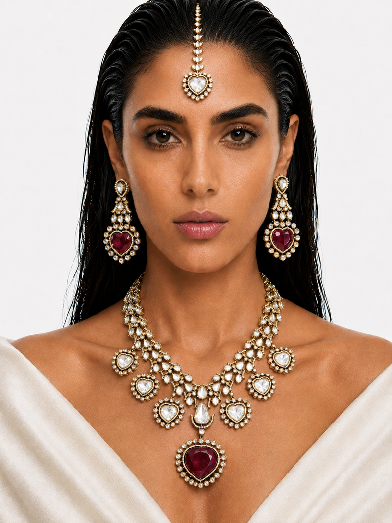 Zayelle Ruby Heart Diamond-Like Zircon Bridal Necklace Set – Necklace, Earrings & Maang Tikka