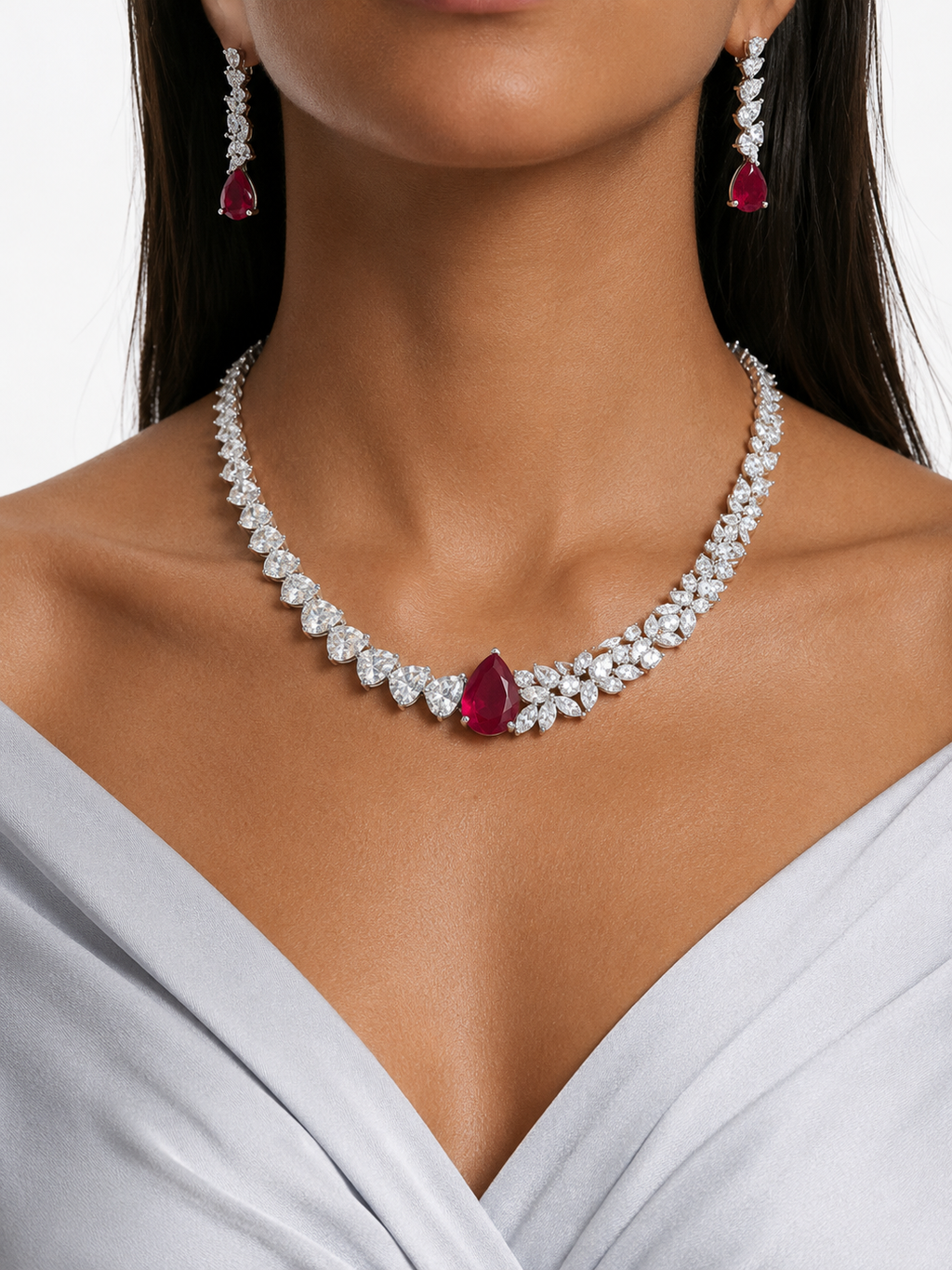 Bellarose Ruby Diamond-Like Zircon Floral Necklace Set – Necklace & Earrings