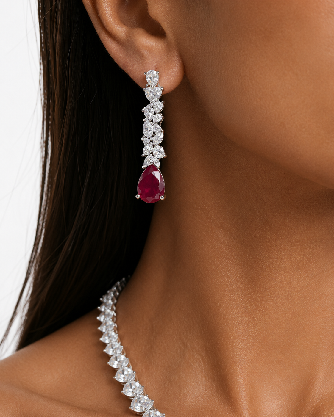 Bellarose Ruby Diamond-Like Zircon Floral Necklace Set – Necklace & Earrings