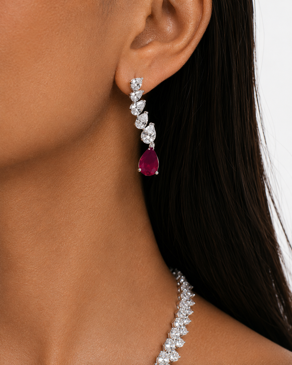 Bellarose Ruby Diamond-Like Zircon Floral Necklace Set – Necklace & Earrings