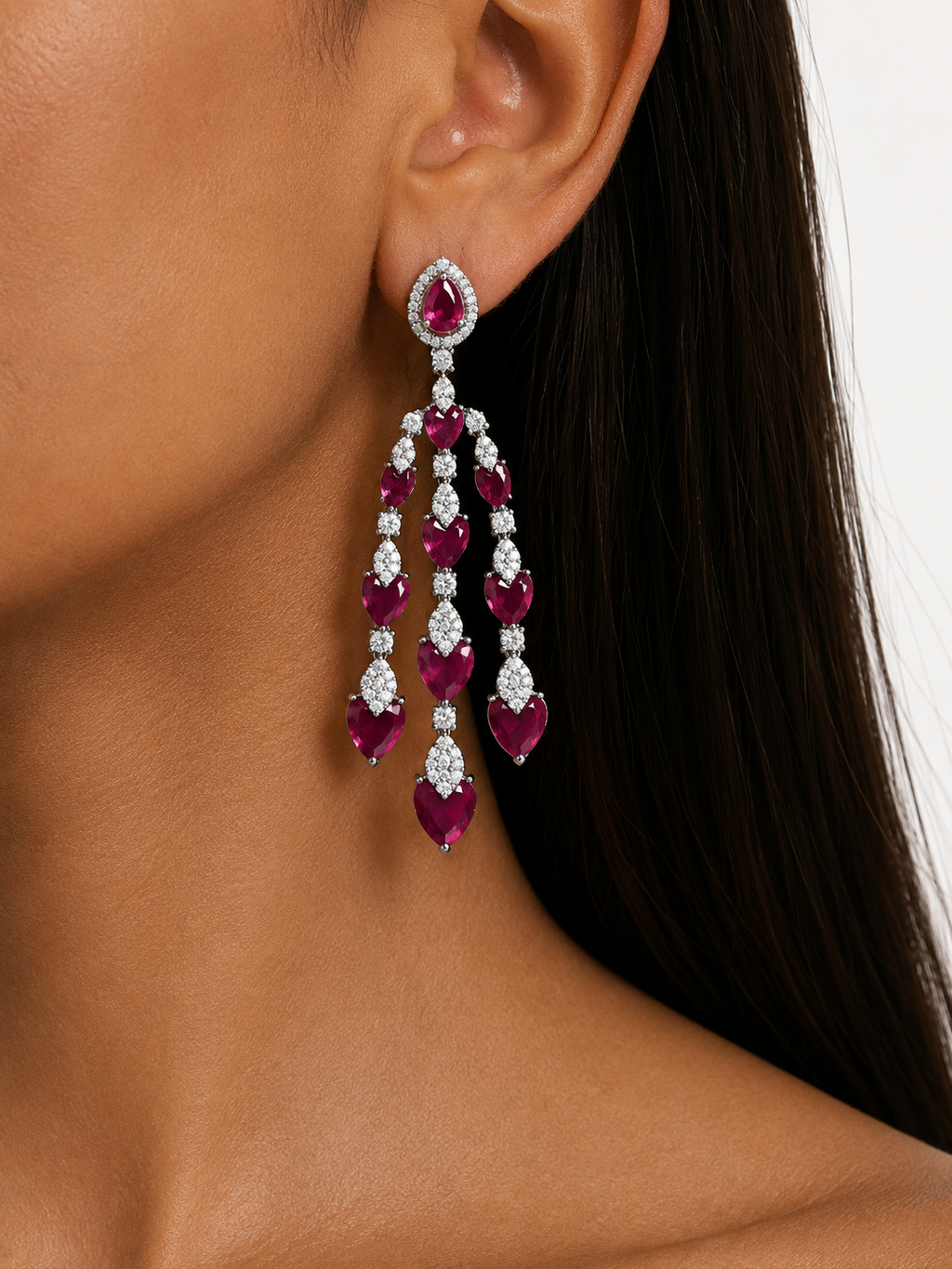 Rida Ruby Diamond-Like Zircon Double Layer Marquise Statement Necklace Set – Necklace & Earrings