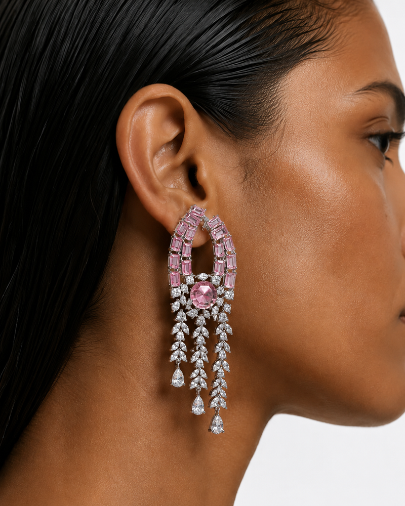 Zarina roze diamantachtige zirkoon statement kettingset – ketting en oorbellen