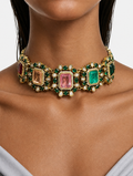 Aabroo Parels & Moissanite Polki Kundan met Veelkleurige Stenen & Zirkoon Diamanten Detaillering Verklaring Kettingset – Ketting en oorbellen