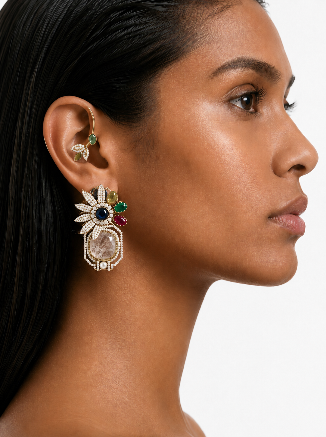 Zehra Moissanite Polki Kundan Multicolor Floral Earrings