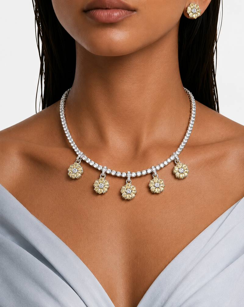 Colette Citrine Bloom & Diamond-Like Zircon Statement Pendant Necklace Set (Necklace & Earrings)