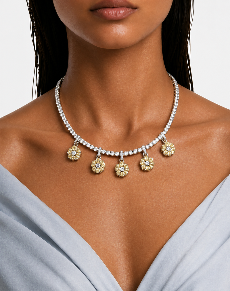 Colette Citrine Bloom & Diamond-Like Zircon Statement Pendant Necklace Set (Necklace & Earrings)