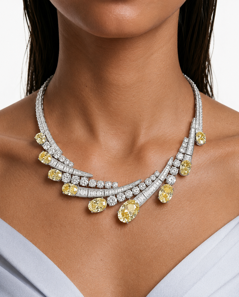 Solara Citrine Diamond-Like Zircon Necklace Set (Necklace & Earrings)