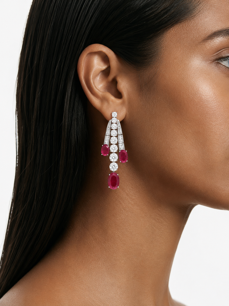 Maharani Azure Ruby Droplets Diamond-Like Zircon Statement Pendant Necklace Set & Solara Ruby Diamond-Like Zircon Necklace Set (2 Necklace & 2 Earrings)