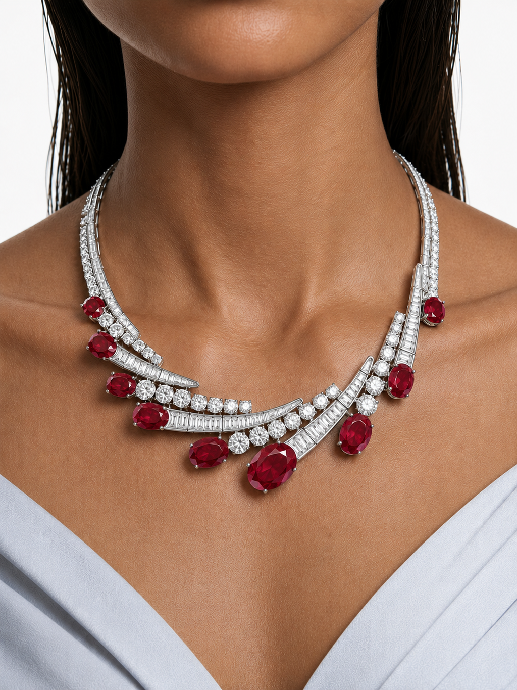 Maharani Azure Ruby Droplets Diamond-Like Zircon Statement Pendant Necklace Set & Solara Ruby Diamond-Like Zircon Necklace Set (2 Necklace & 2 Earrings)