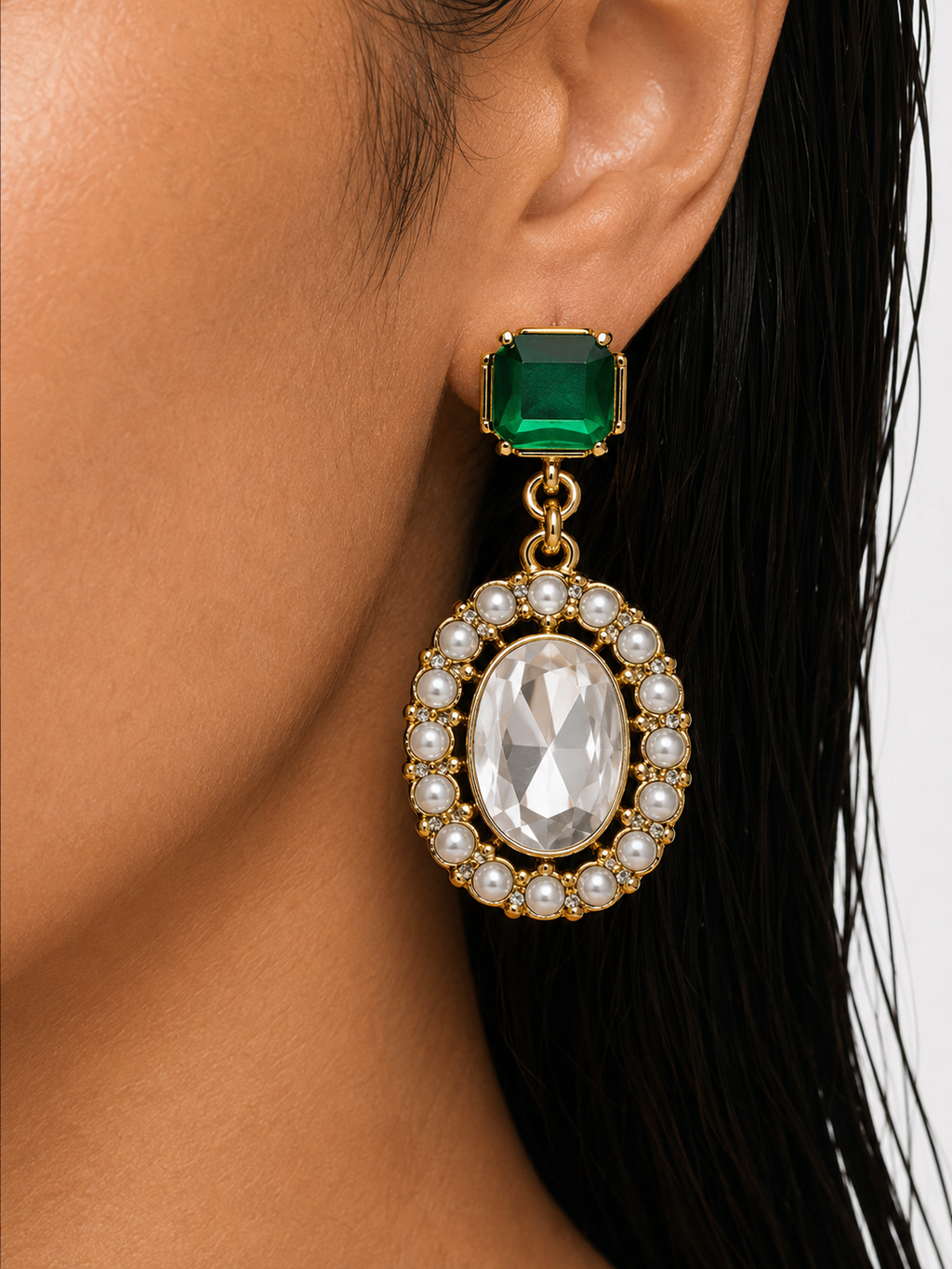 Rouhiya Emerald & Moissanite Polki Kundan with Zircon Diamond Detailing Statement Necklace Set – Necklace & Earrings