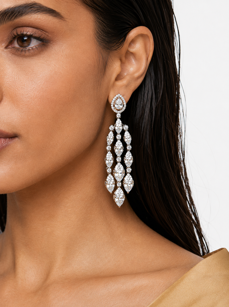 Rida Diamond-Like Zircon Double Layer Marquise Statement Necklace Set – Necklace & Earrings