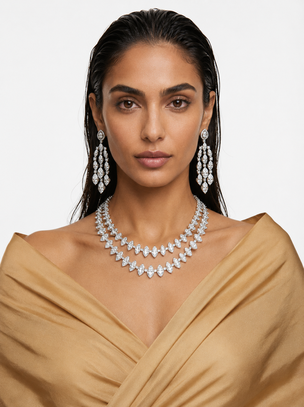 Rida Diamond-Like Zircon Double Layer Marquise Statement Necklace Set – Necklace & Earrings
