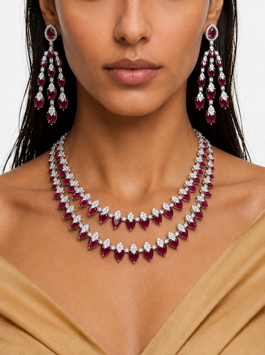 Rida Ruby Diamond-Like Zircon Double Layer Marquise Statement Necklace Set – Necklace & Earrings