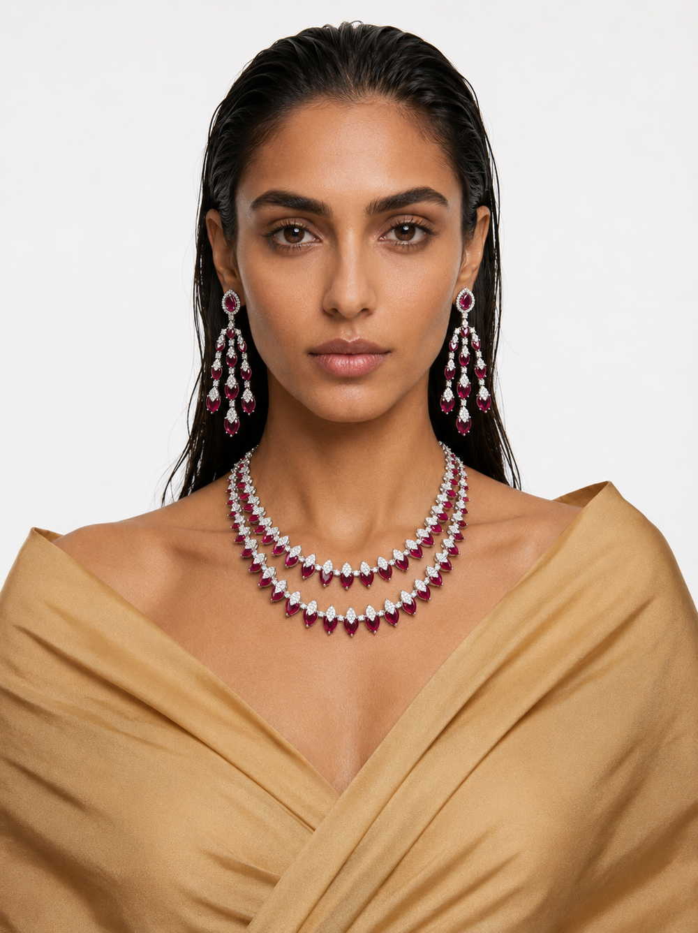 Rida Ruby Diamond-Like Zircon Double Layer Marquise Statement Necklace Set – Necklace & Earrings