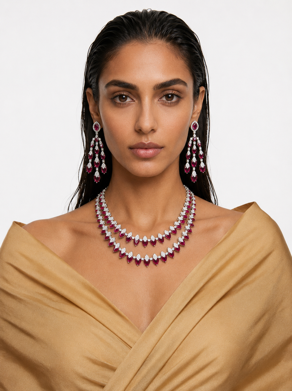 Rida Ruby Diamond-Like Zircon Double Layer Marquise Statement Necklace Set – Necklace & Earrings